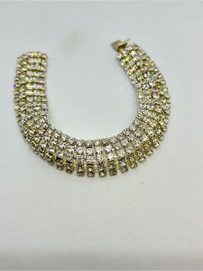 Classic Vtg. 5 Row Sparkling Clear Rhinestone Bracelet Silver Tone